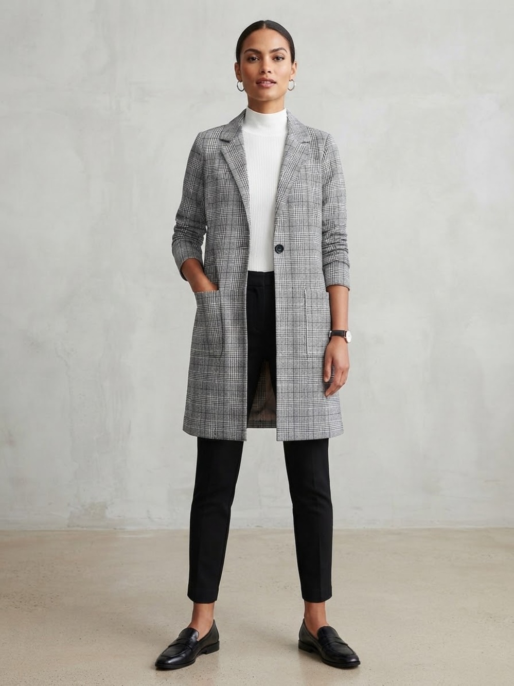 Hem & Thread Gray Plaid Long Blazer Jacket Size Medium Single Button